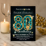 Chic Rose Amethyst Gold Teal Jewels 80th Birthday  Invitation<br><div class="desc">Invite guests to a milestone celebration with this elegant 80th Birthday Invitation. The design showcases a magnificent "80" sculpted from glimmering teal jewels, framed by a cascade of sparkling diamonds. A delicate golden rose and crystal-adorned leaves soften the second digit, adding a touch of regal elegance. Set against a sophisticated,...</div>