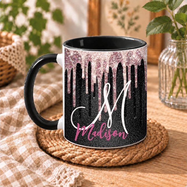 Chic rose blush black dripping monogram mug (Creator Uploaded)