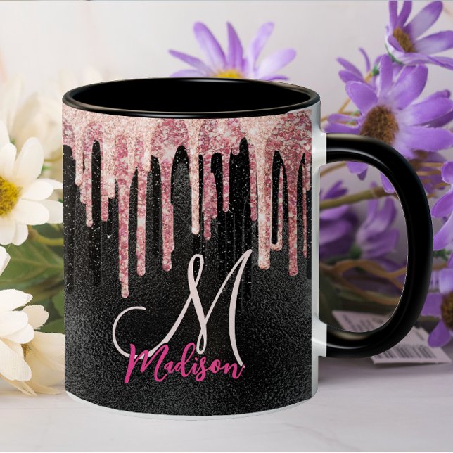 Chic rose blush black dripping monogram mug (Creator Uploaded)