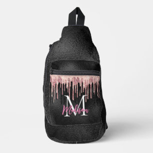 Chic rose blush black dripping monogram printed sling bag