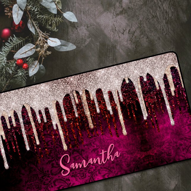Chic rose blush brown glitter red drips monogram n desk mat (Creator Uploaded)