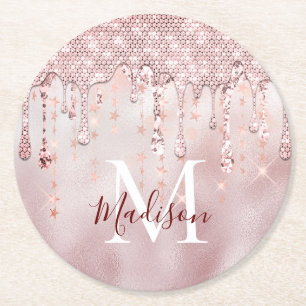 Chic rose blush gold glitter dripping monogram pap round paper coaster