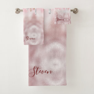 Chic rose blush gold glitter drips monogram bath towel set