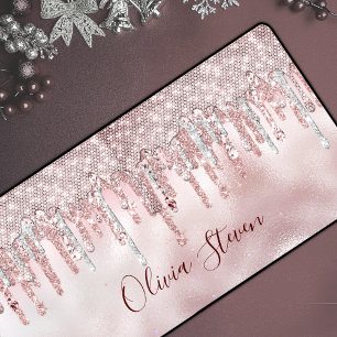 Chic rose blush gold glitter drips monogram desk mat