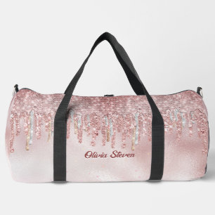 Chic rose blush gold glitter drips monogram  duffle bag