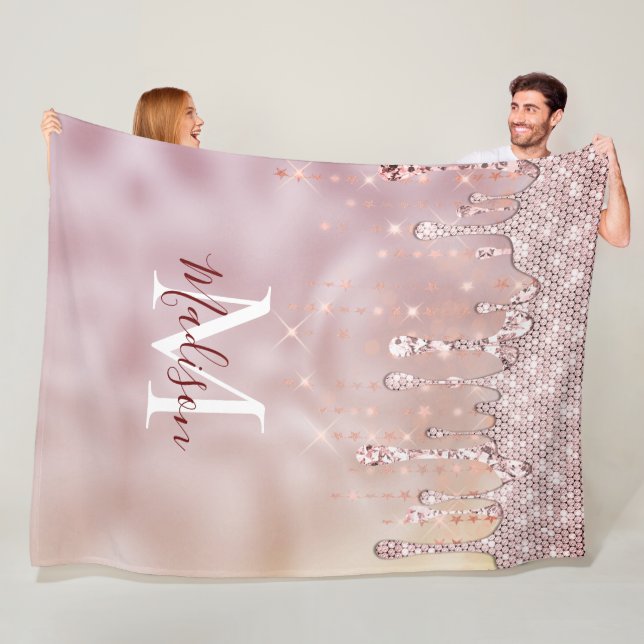 Chic rose blush gold glitter drips monogram fleece blanket (In Situ)