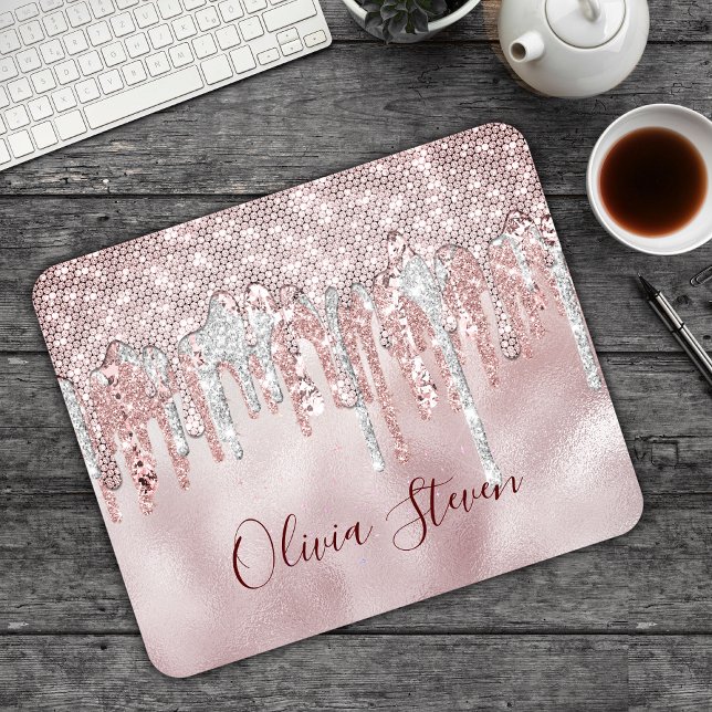 Chic rose blush gold glitter drips monogram mouse pad (Creator Uploaded)