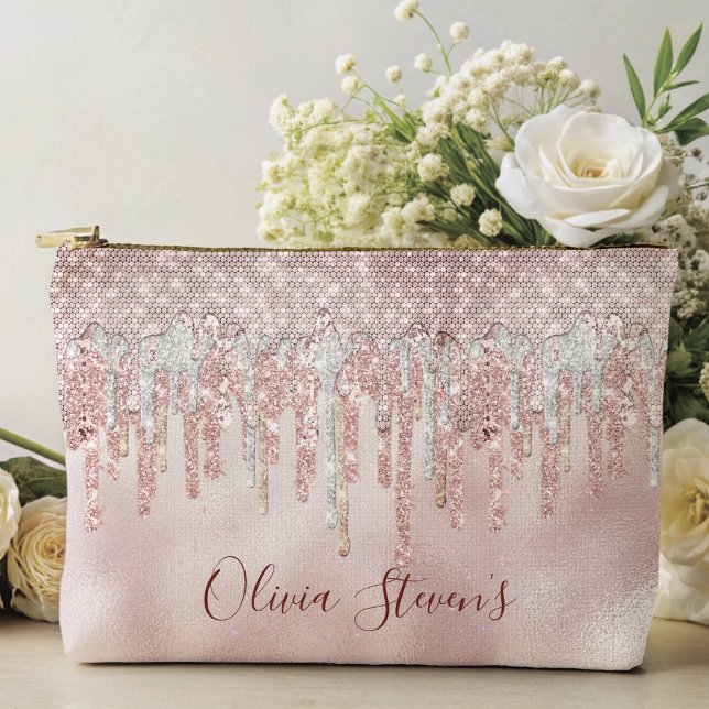 Chic rose blush gold glitter drips monogram notebo accessory pouch (Creator Uploaded)