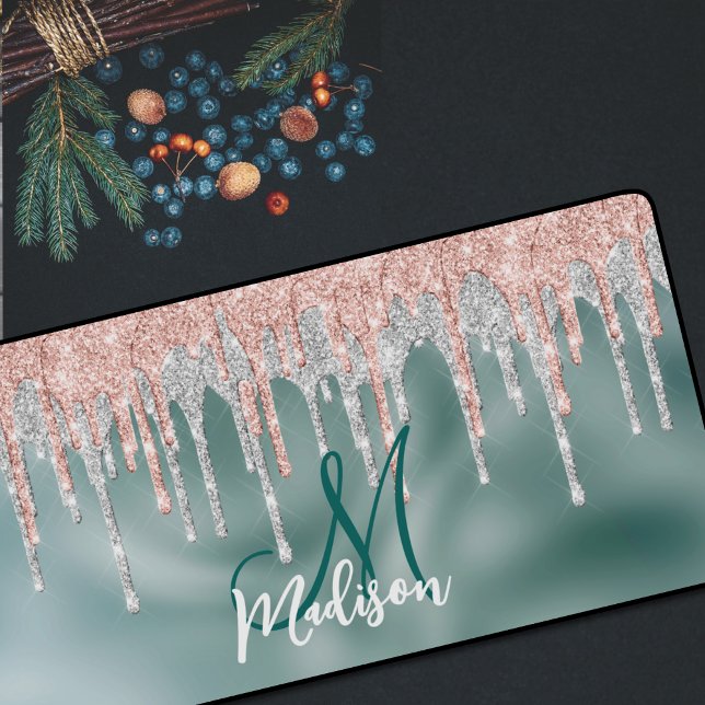 Chic rose blush mint dripping monogram desk mat (Creator Uploaded)