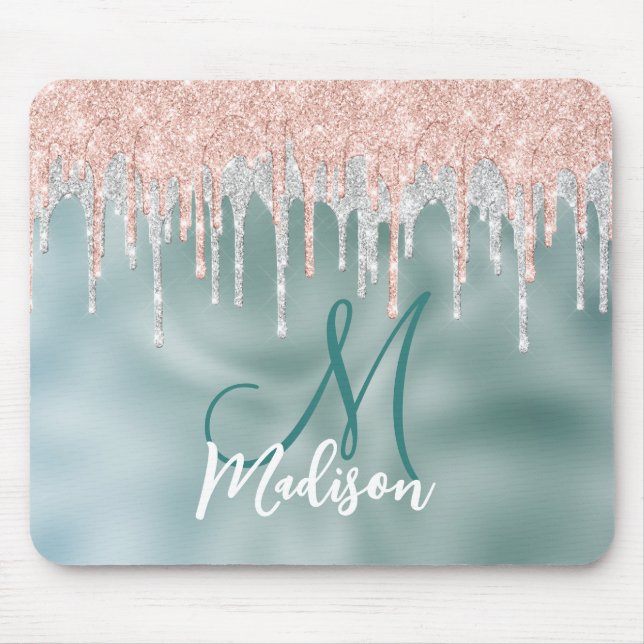 Chic rose blush mint dripping monogram mouse pad (Front)