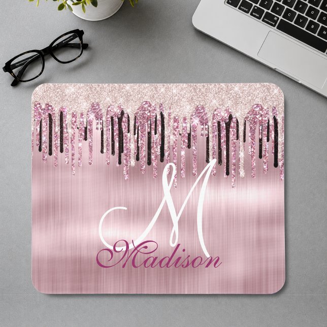 Chic rose blush pink dripping monogram mouse pad (Creator Uploaded)