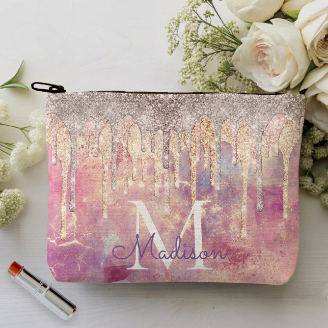 Chic rose blush pink glitter drips monogram accessory pouch (Creator Uploaded)