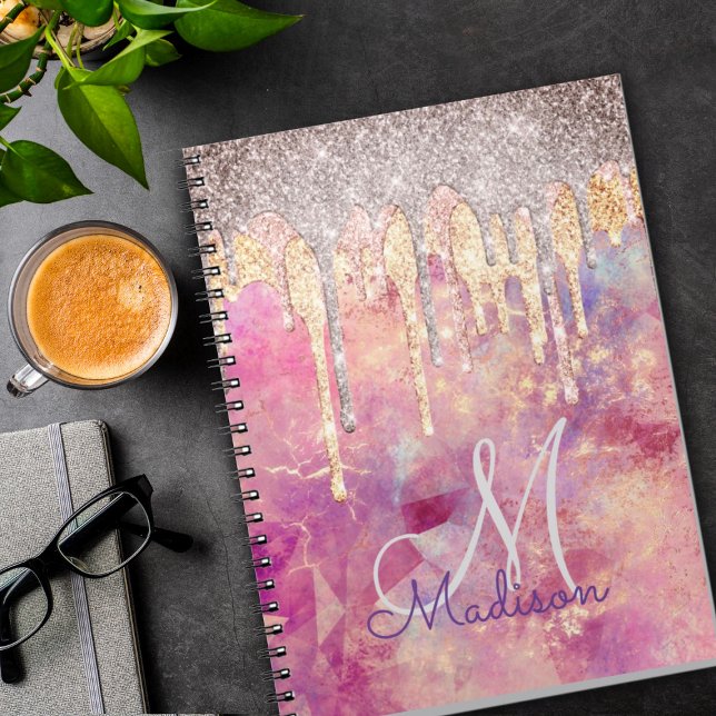 Chic rose blush pink glitter drips monogram notebook (Creator Uploaded)
