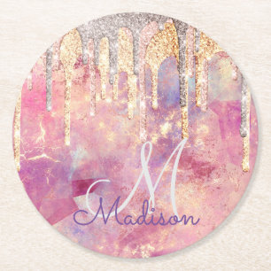 Chic rose blush pink glitter drips monogram square round paper coaster