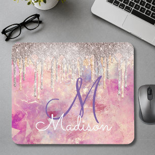 Chic rose blush pink holographic dripping monogram mouse pad