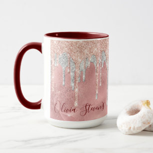 Chic rose blush silver dripping monogram mug