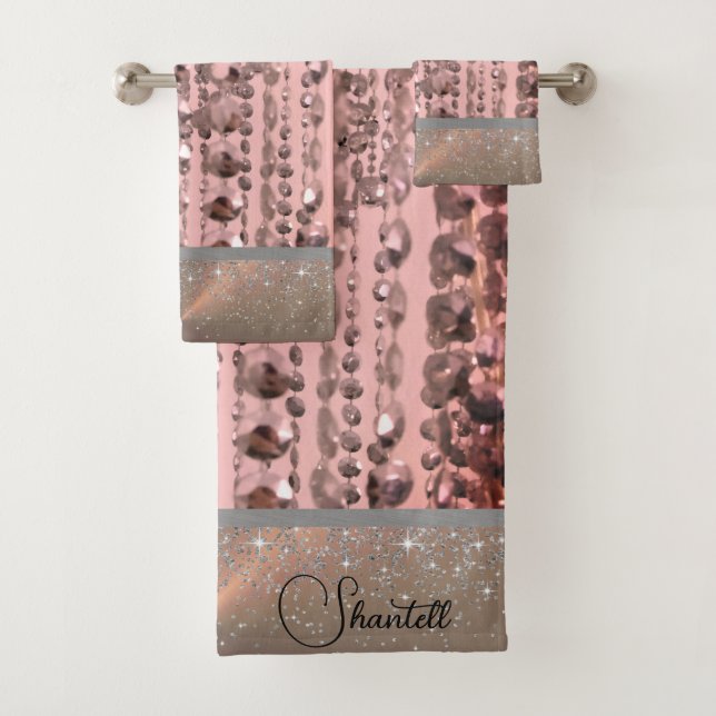 Chic Rose Blush Stringed Beads Personalized Bath Towel Set (Insitu)