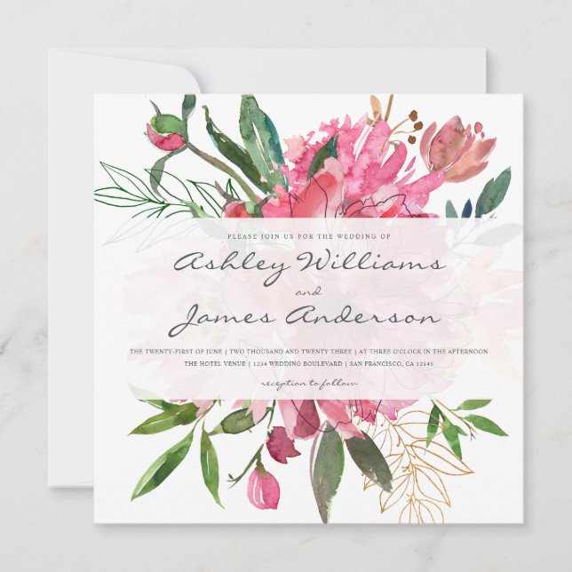 Chic rose floral blanc Faire-part de mariage (Devant)
