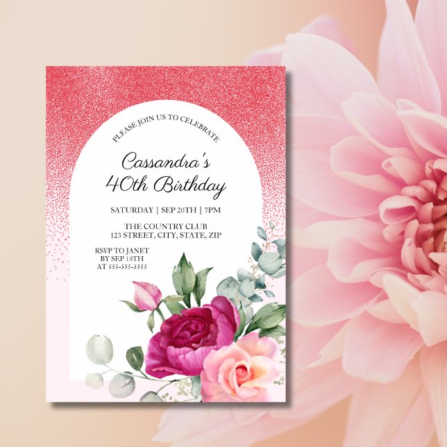 Chic Rose Floral Red Glitter Birthday  Invitation (Creator Uploaded)