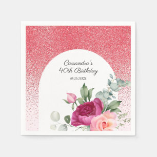 Chic Rose Floral Red Glitter Birthday Napkin