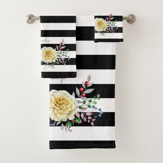 Chic Rose Floral tendance rayures noires et nom (En situation)