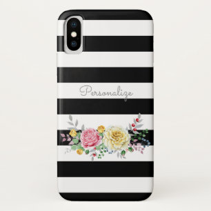 Chic Rose Floral Trendy Black Stripes and Name Case-Mate iPhone Case