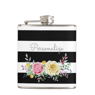 Chic Rose Floral Trendy Black Stripes and Name Hip Flask