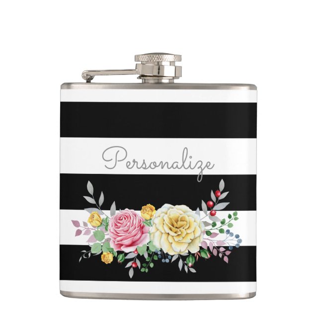 Chic Rose Floral Trendy Black Stripes and Name Hip Flask (Front)