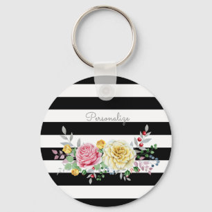 Chic Rose Floral Trendy Black Stripes and Name Keychain