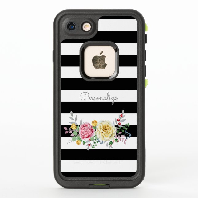 Chic Rose Floral Trendy Black Stripes and Name LifeProof iPhone Case (Back)