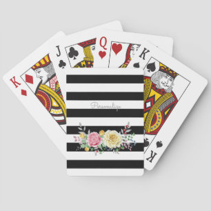 Chic Rose Floral Trendy Black Stripes and Name Playing Cards