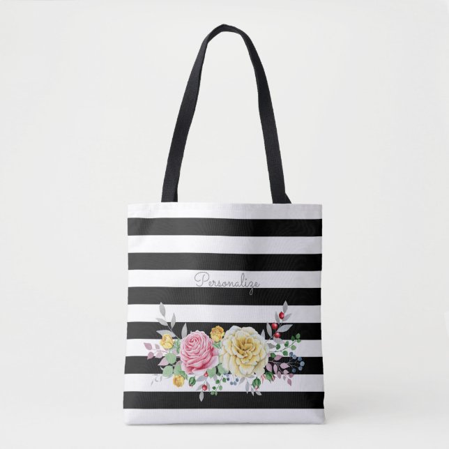 Chic Rose Floral Trendy Black Stripes and Name Tote Bag (Front)