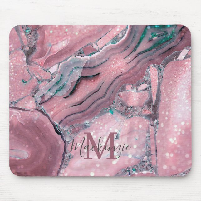 Chic Rose Gold Agate Geode Sparkle Monogram Mouse Pad (Front)