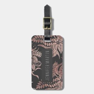 Chic Rose Gold and Black Floral Drawings Luggage Tag