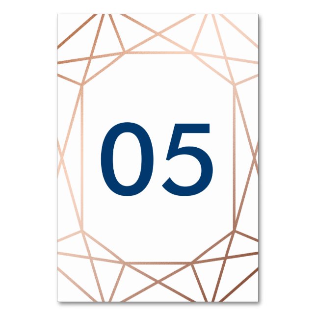 Chic Rose Gold and Navy Blue Geometric Table Number (Front)