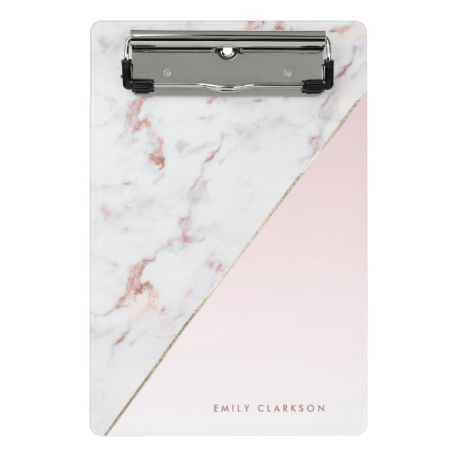 Chic Rose Gold and White Marble Personalized Mini Clipboard (Front)
