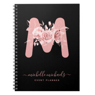 Chic Rose Gold Black Floral Watercolor Monogram Notebook