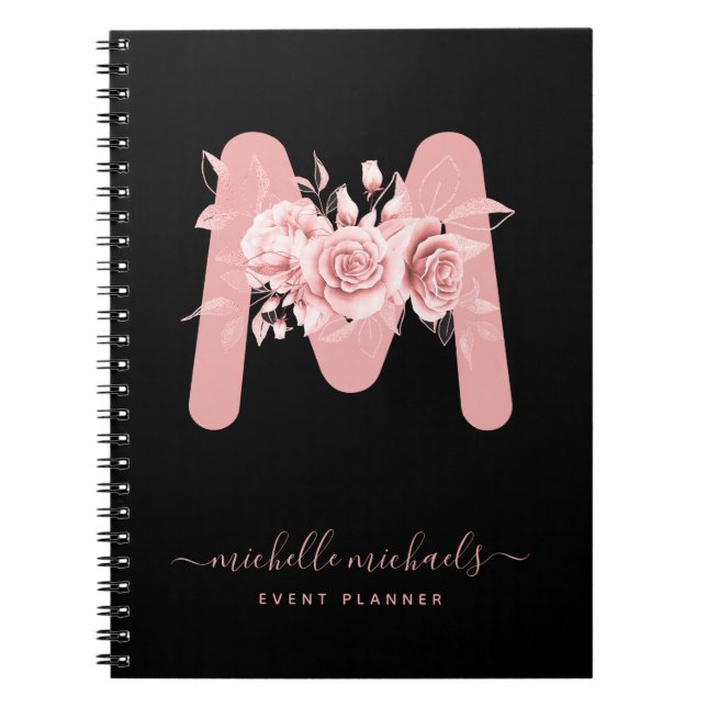 Chic Rose Gold Black Floral Watercolor Monogram Notebook (Front)