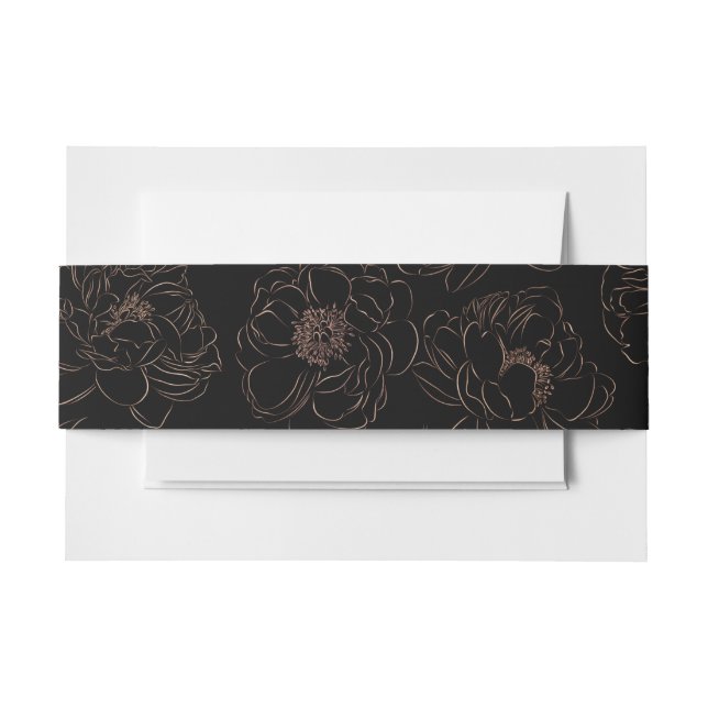 Chic Rose Gold Black Floral Wedding  Invitation Belly Band (Front Example)