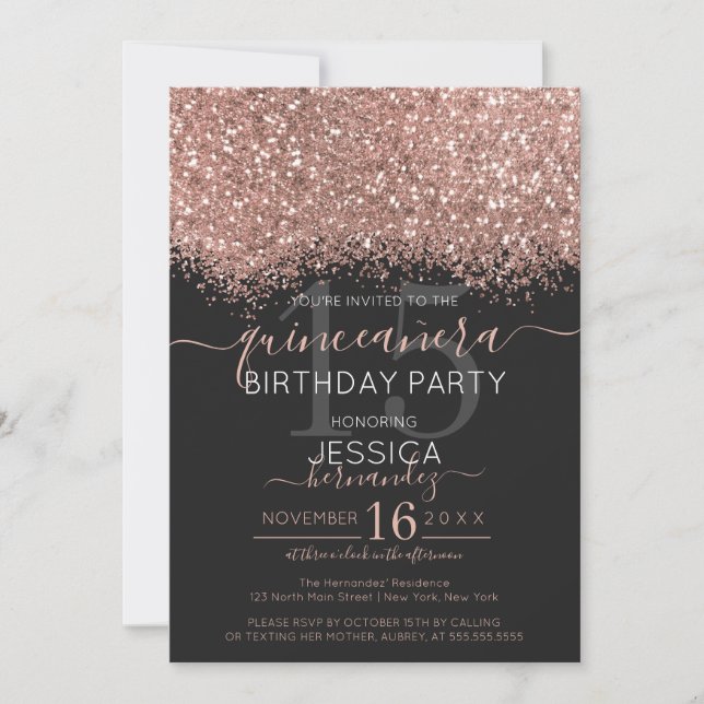 Chic Rose Gold Black Glitter Confetti Quinceañera Invitation (Front)
