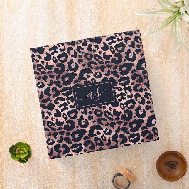 Chic Rose Gold Black Leopard Print Monogrammed Binder (In Situ)