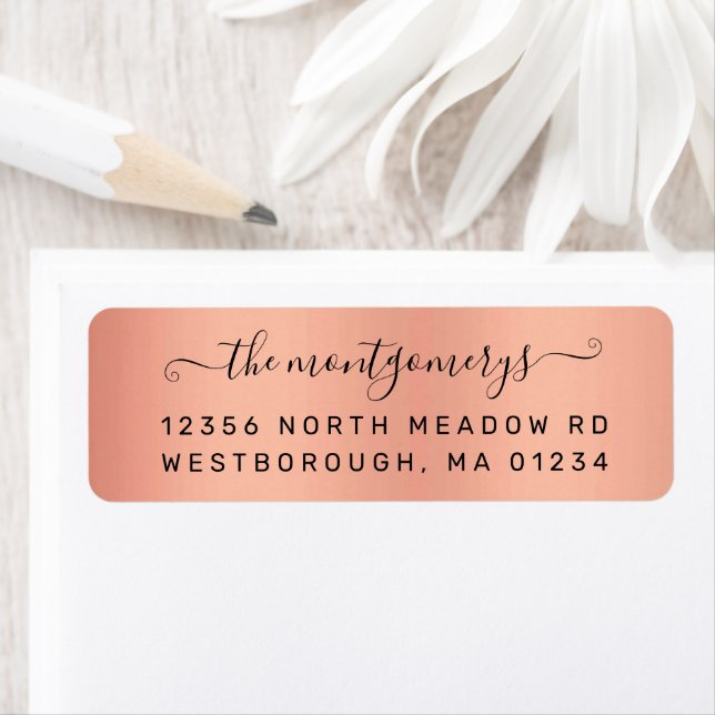 Chic Rose Gold Black Script Metal Return Address (Insitu)