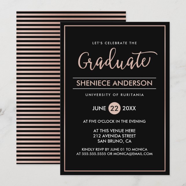 Chic Rose Gold & Black Script & Script Graduation Invitation (Front/Back)