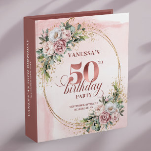 Chic Rose Gold Blush Floral Greenery 50th Birthday Binder