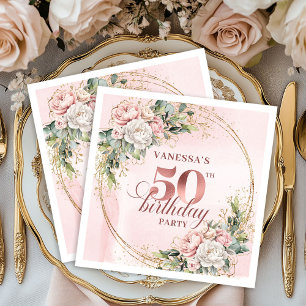 Chic Rose Gold Blush Floral Greenery 50th Birthday Napkin