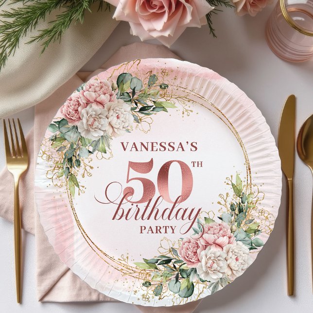 Chic Rose Gold Blush Floral Greenery 50th Birthday Paper Plate (Chic Rose Gold Blush Floral Greenery 50th Birthday Paper Plates

)