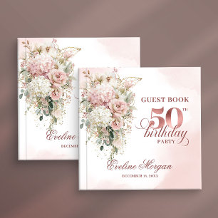 Chic Rose Gold Blush Flowers 50th Birthday Guestbo Guest Book