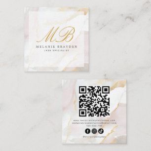 Chic Rose Gold Blush Pink Marble Monogram QR Code Square Business Card