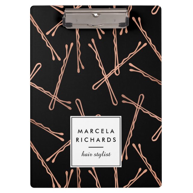 Chic Rose Gold Bobby Pins Hair Stylist Salon Black Clipboard (Front)