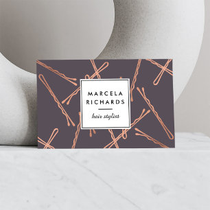 Chic Rose Gold Bobby Pins Hair Stylist Salon Grey Business Card